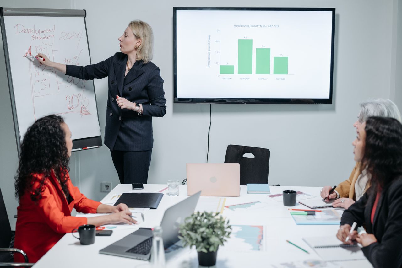 Services Office meeting with diverse team, discussing strategy and productivity using charts on a whiteboard and screen.